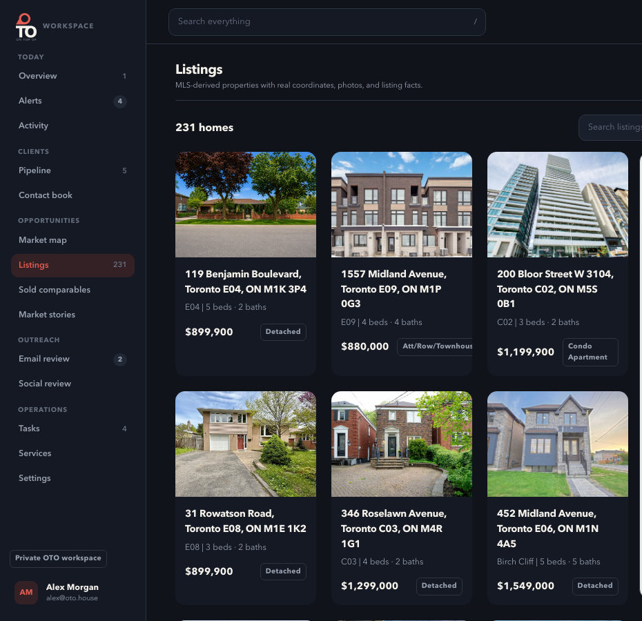 Actual OTO listing view with source-backed properties and real images